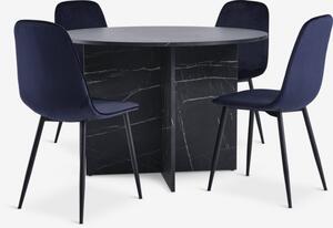 KRONDAL Ø110 stol mermer + 4 BISTRUP plavi tam. baršun